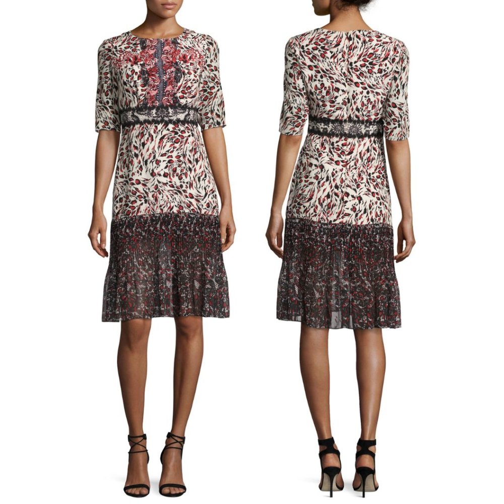 Saloni Vera-C Red Short Casual Dress A-line Sz 2 Leopard Lace Silk